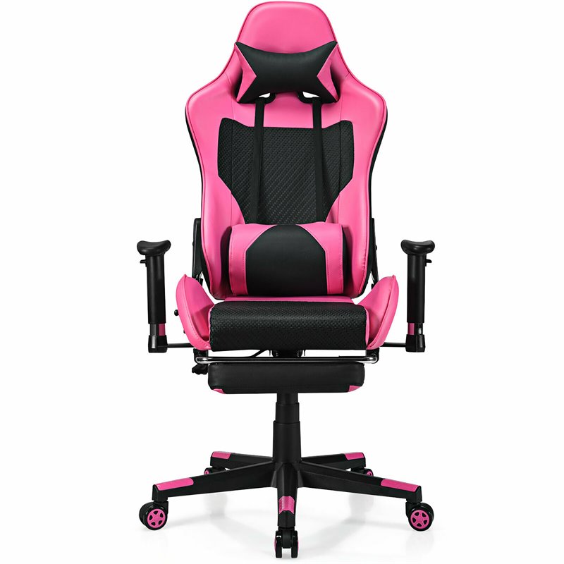 Costway PVC and Sponge Massage Gaming Chair with Footrest in Pink
