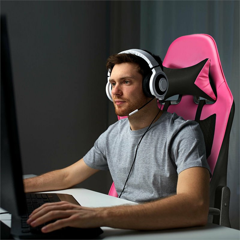 Costway PVC and Sponge Massage Gaming Chair with Footrest in Pink