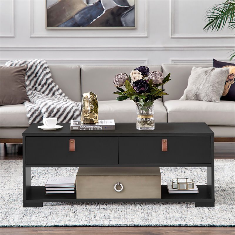 Costway Engineered Wood Coffee Table with 2 Drawers & Storage Shelf in Black