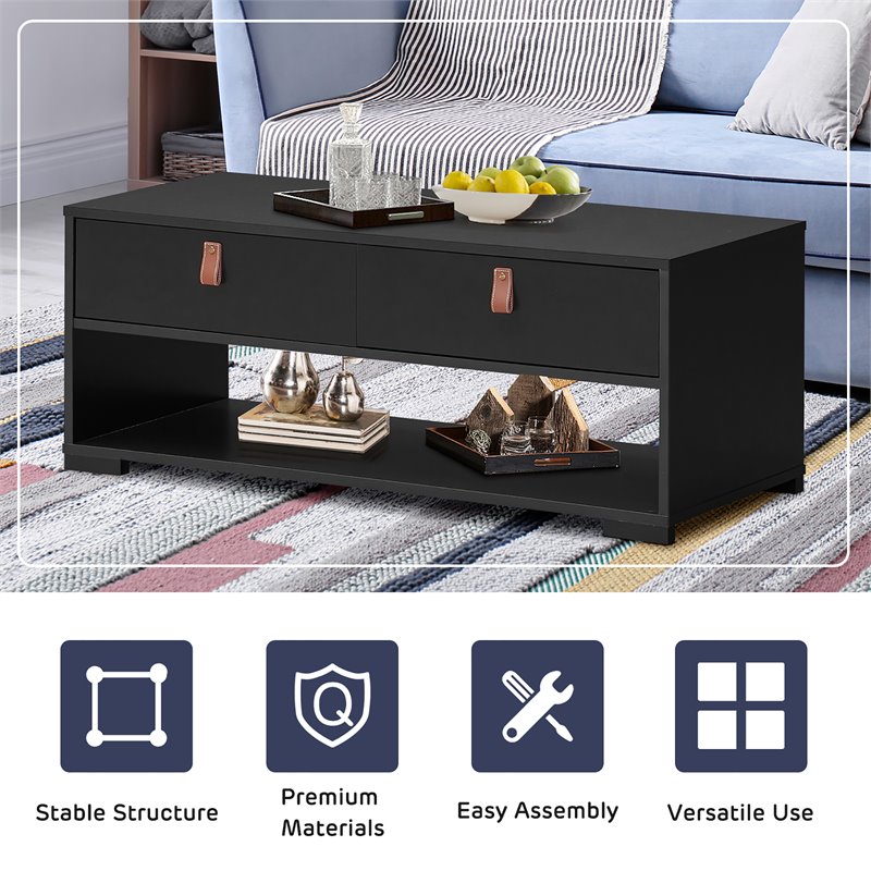 Costway Engineered Wood Coffee Table with 2 Drawers & Storage Shelf in Black