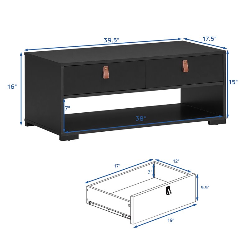 Costway Engineered Wood Coffee Table with 2 Drawers & Storage Shelf in Black
