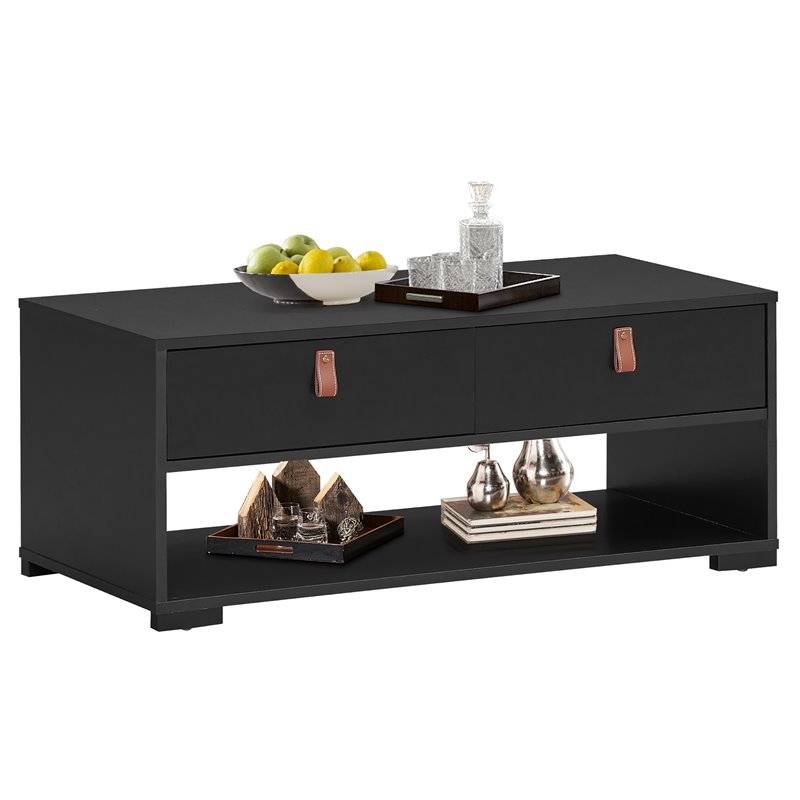 Costway Engineered Wood Coffee Table with 2 Drawers & Storage Shelf in Black