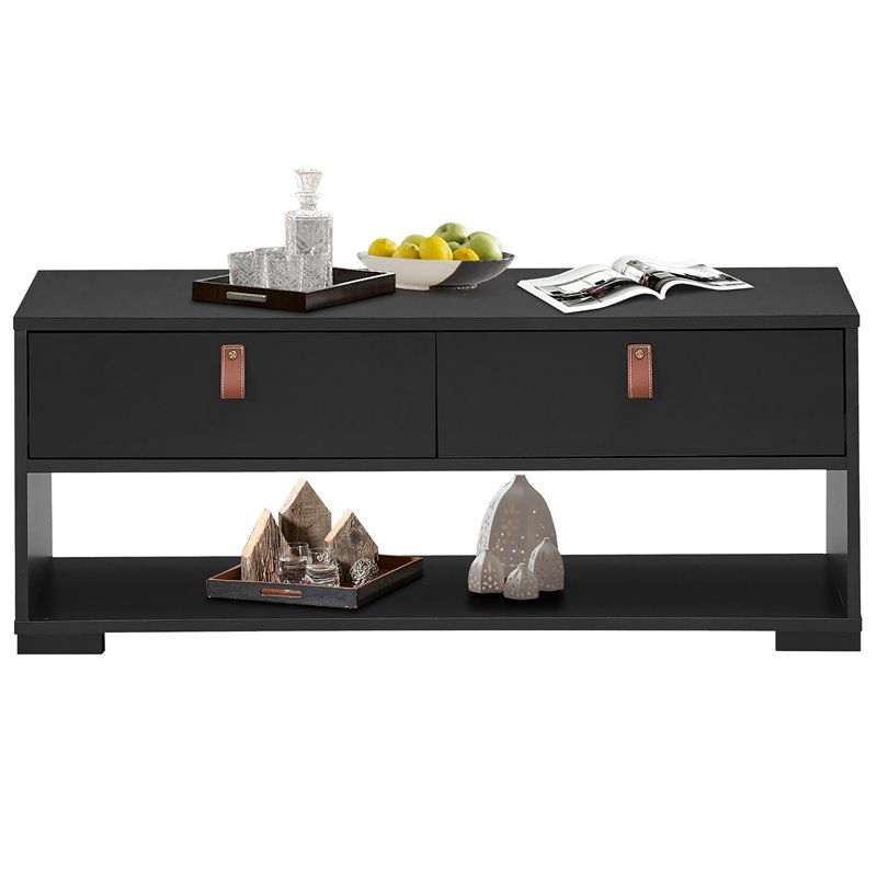 Costway Engineered Wood Coffee Table with 2 Drawers & Storage Shelf in Black