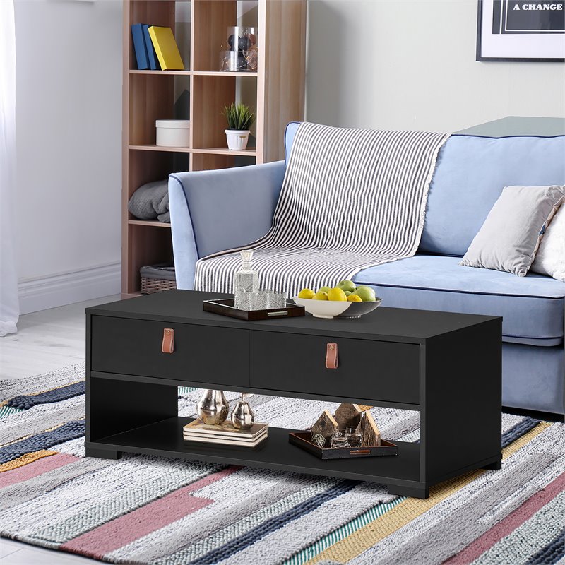 Costway Engineered Wood Coffee Table with 2 Drawers & Storage Shelf in Black