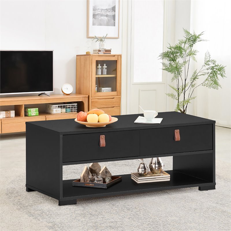 Costway Engineered Wood Coffee Table with 2 Drawers & Storage Shelf in Black