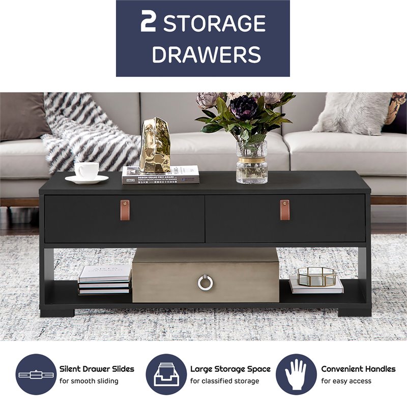 Costway Engineered Wood Coffee Table with 2 Drawers & Storage Shelf in Black