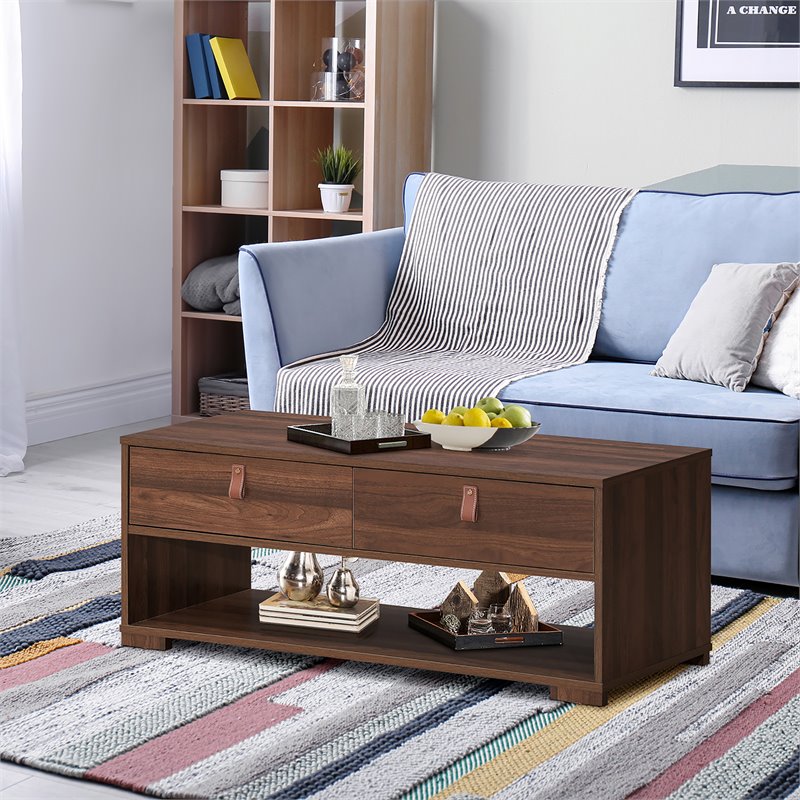 Costway Engineered Wood Coffee Table with 2 Drawers & Storage Shelf in Walnut