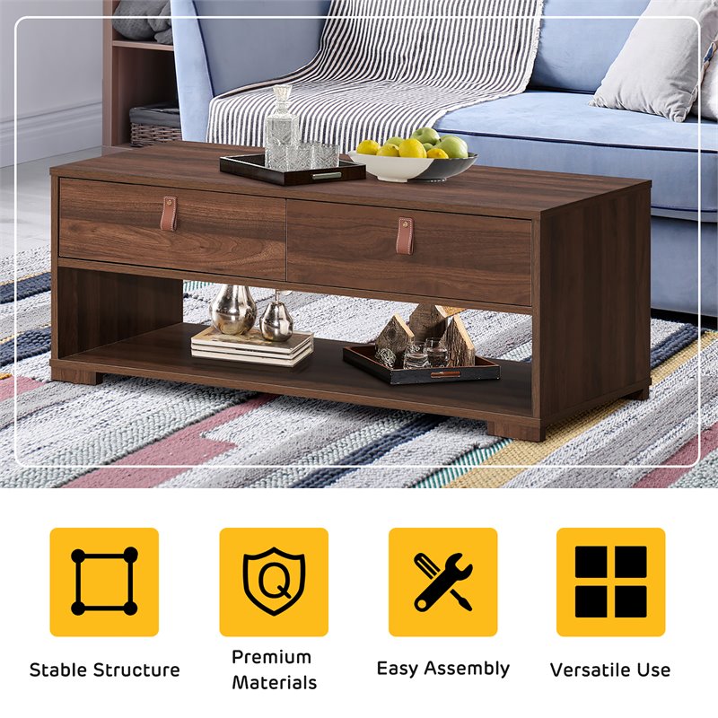 Costway Engineered Wood Coffee Table with 2 Drawers & Storage Shelf in Walnut