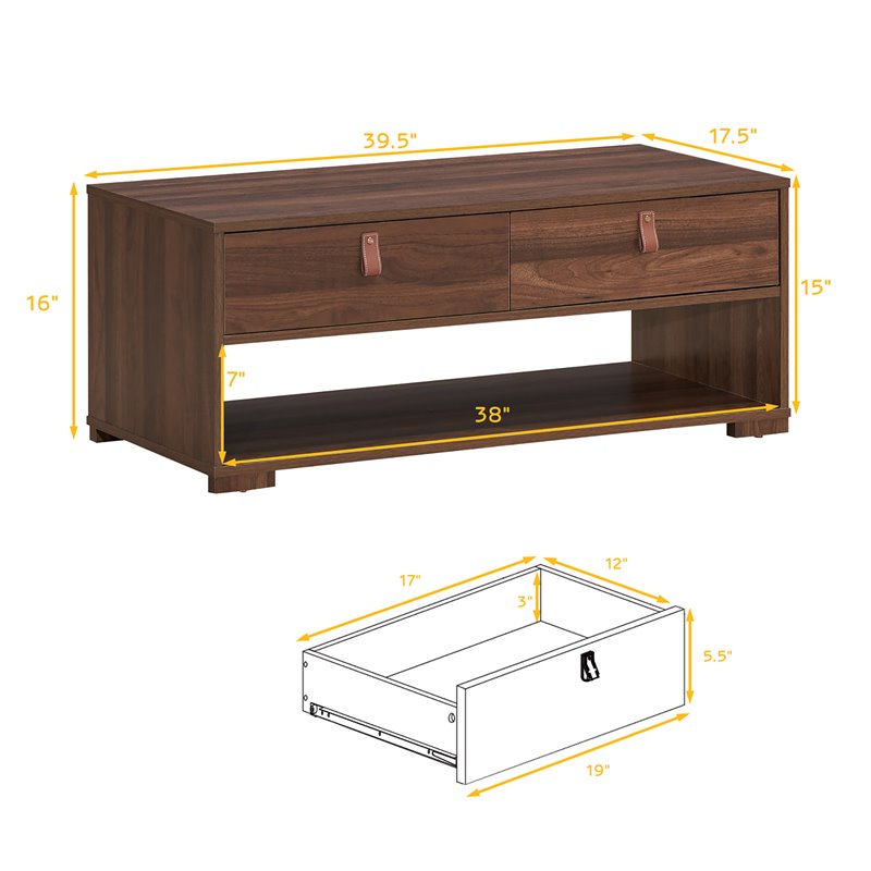 Costway Engineered Wood Coffee Table with 2 Drawers & Storage Shelf in Walnut