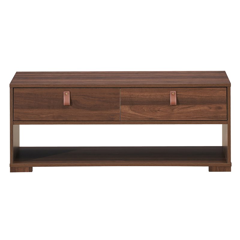 Costway Engineered Wood Coffee Table with 2 Drawers & Storage Shelf in Walnut