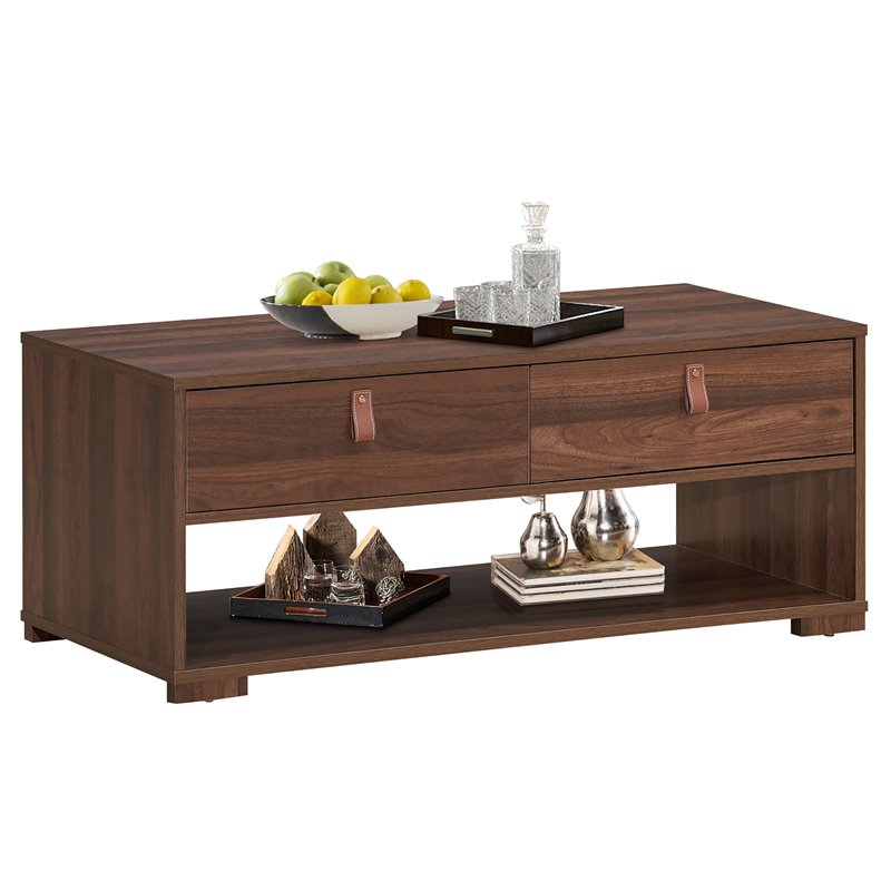 Costway Engineered Wood Coffee Table with 2 Drawers & Storage Shelf in Walnut