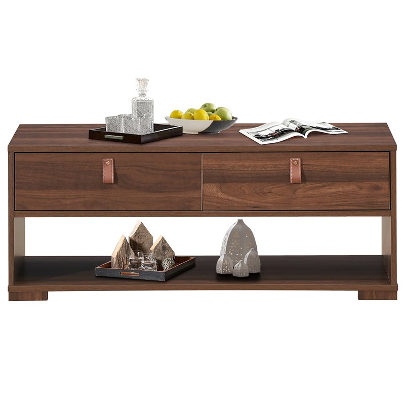 Costway Engineered Wood Coffee Table with 2 Drawers & Storage Shelf in Walnut