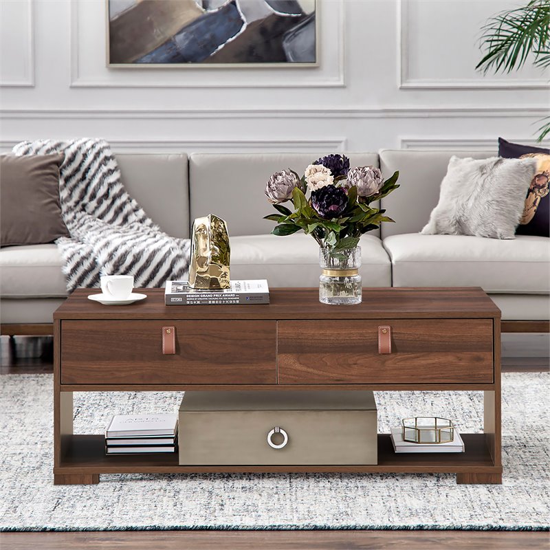 Costway Engineered Wood Coffee Table with 2 Drawers & Storage Shelf in Walnut