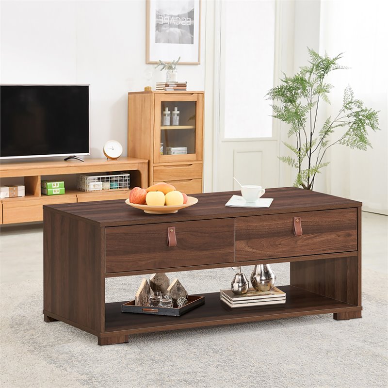 Costway Engineered Wood Coffee Table with 2 Drawers & Storage Shelf in Walnut
