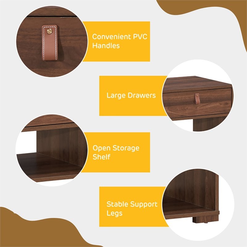 Costway Engineered Wood Coffee Table with 2 Drawers & Storage Shelf in Walnut