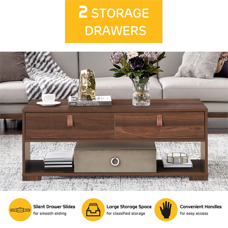 Costway Engineered Wood Coffee Table with 2 Drawers & Storage Shelf in Walnut