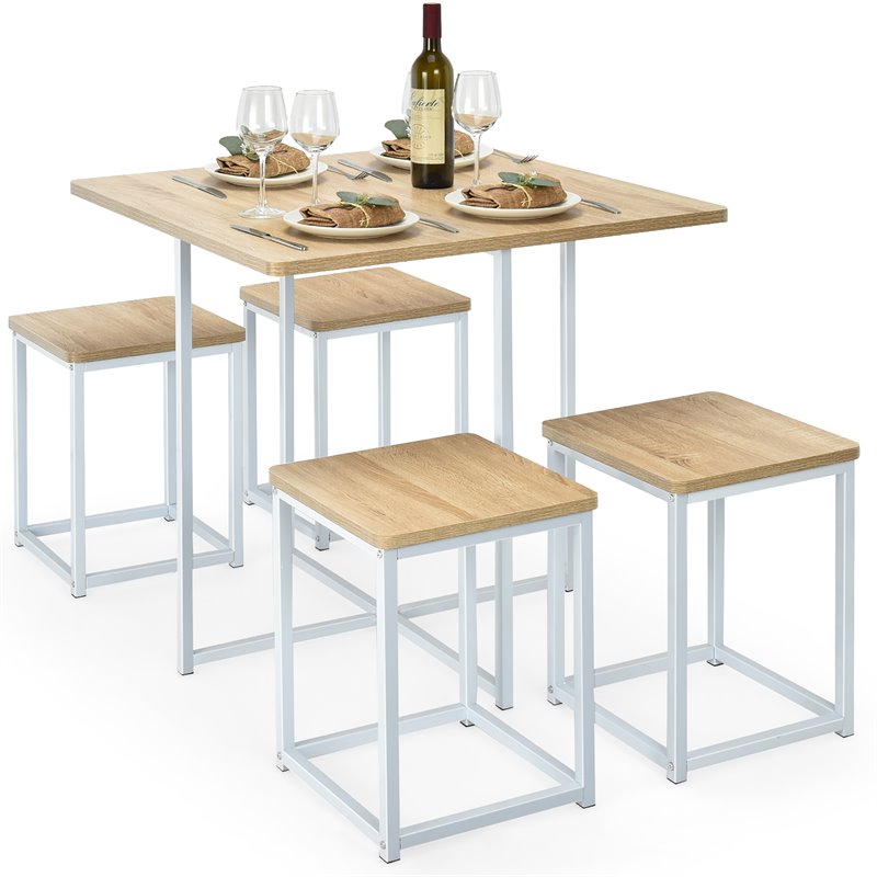 Costway 5-piece Compact Wood Dining Table & 4 Stools in Natural/Vintage White