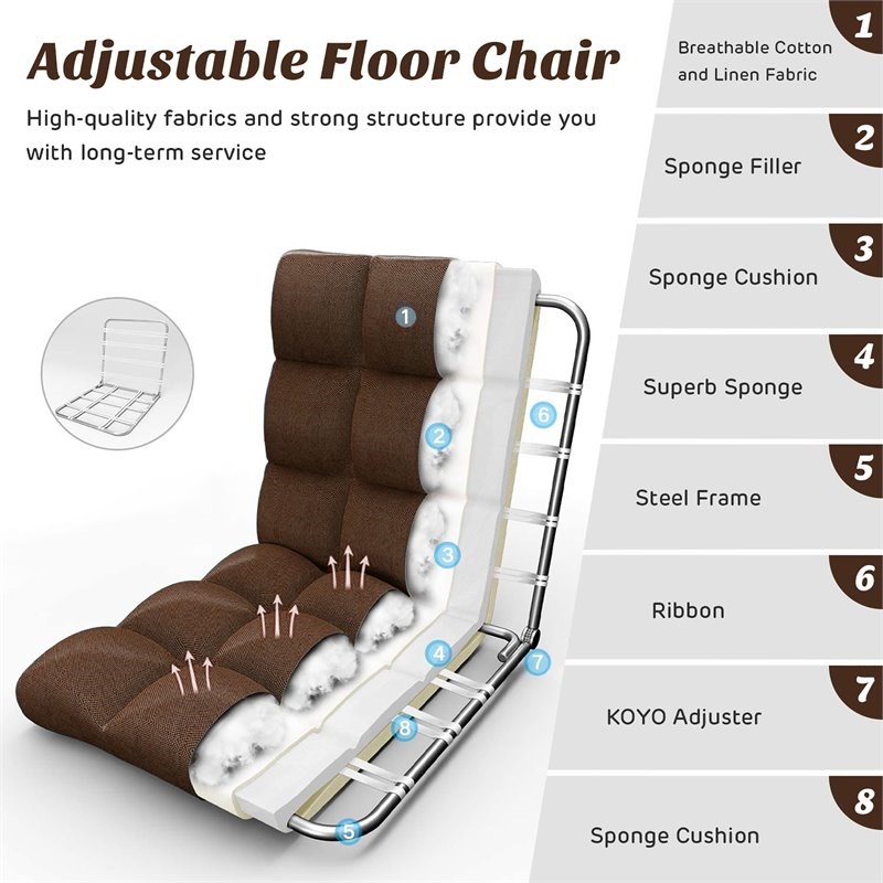 Costway Cotton Adjustable 14-Position Floor Gaming Sofa Chair in Coffee