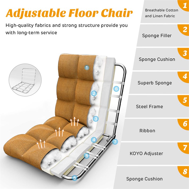 Costway Cotton Adjustable 14-Position Floor Gaming Sofa Chair in Yellow