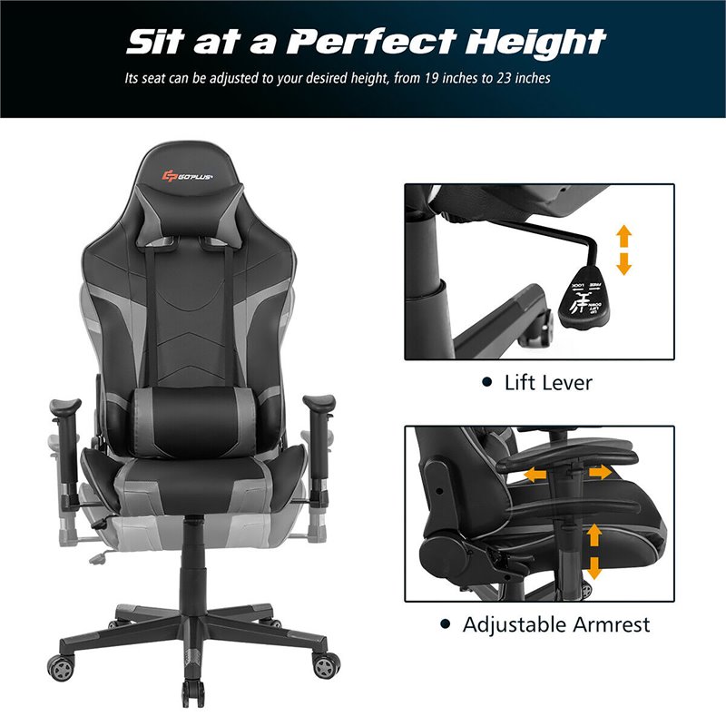 Costway Faux Leather Swivel Massage Gaming Chair with Lumbar Support in Gray