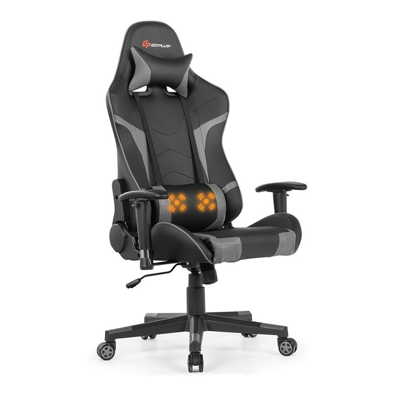 Costway Faux Leather Swivel Massage Gaming Chair with Lumbar Support in Gray