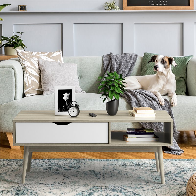 Costway Engineered Wood Coffee Table with Drawer and Storage Shelf in Oak