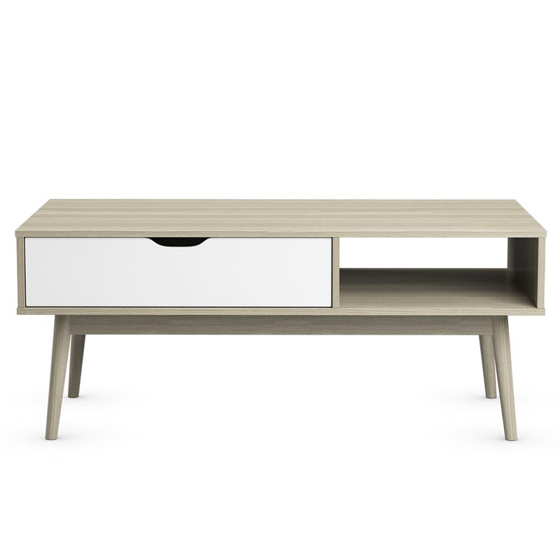 Costway Engineered Wood Coffee Table with Drawer and Storage Shelf in Oak