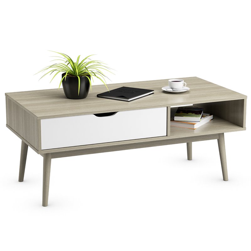 Costway Engineered Wood Coffee Table with Drawer and Storage Shelf in Oak