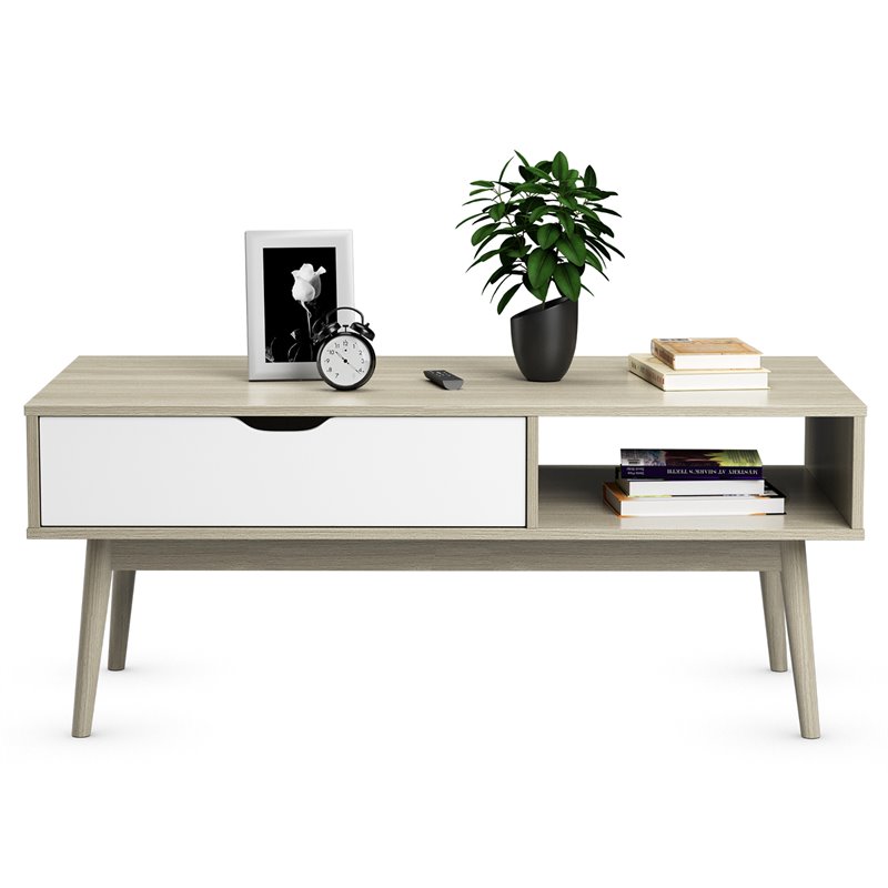 Costway Engineered Wood Coffee Table with Drawer and Storage Shelf in Oak