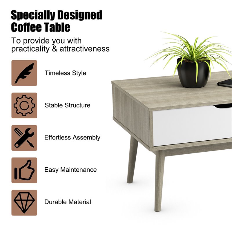 Costway Engineered Wood Coffee Table with Drawer and Storage Shelf in Oak