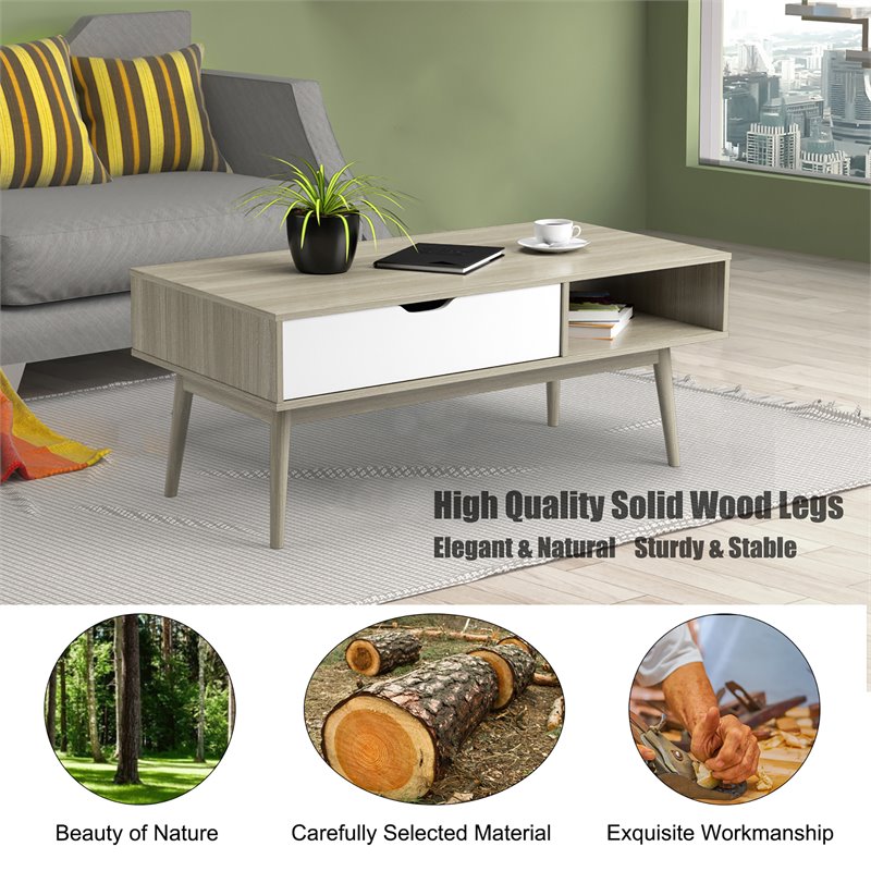 Costway Engineered Wood Coffee Table with Drawer and Storage Shelf in Oak