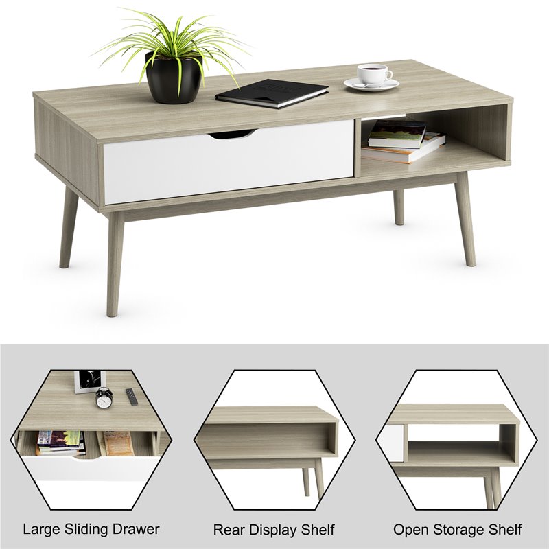 Costway Engineered Wood Coffee Table with Drawer and Storage Shelf in Oak