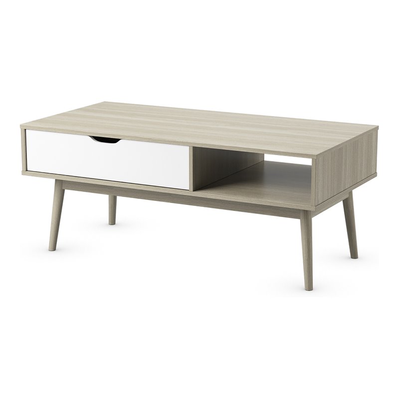 Costway Engineered Wood Coffee Table with Drawer and Storage Shelf in Oak