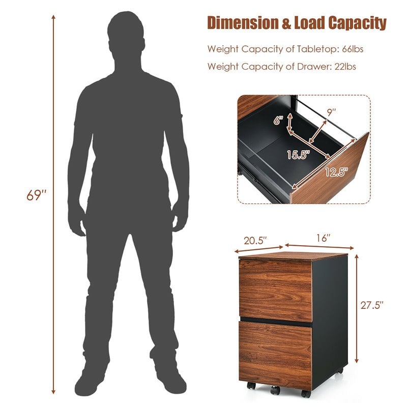 Costway 2-drawer P2 Engineered Wood Rolling Mobile Filing Cabinet in Brown