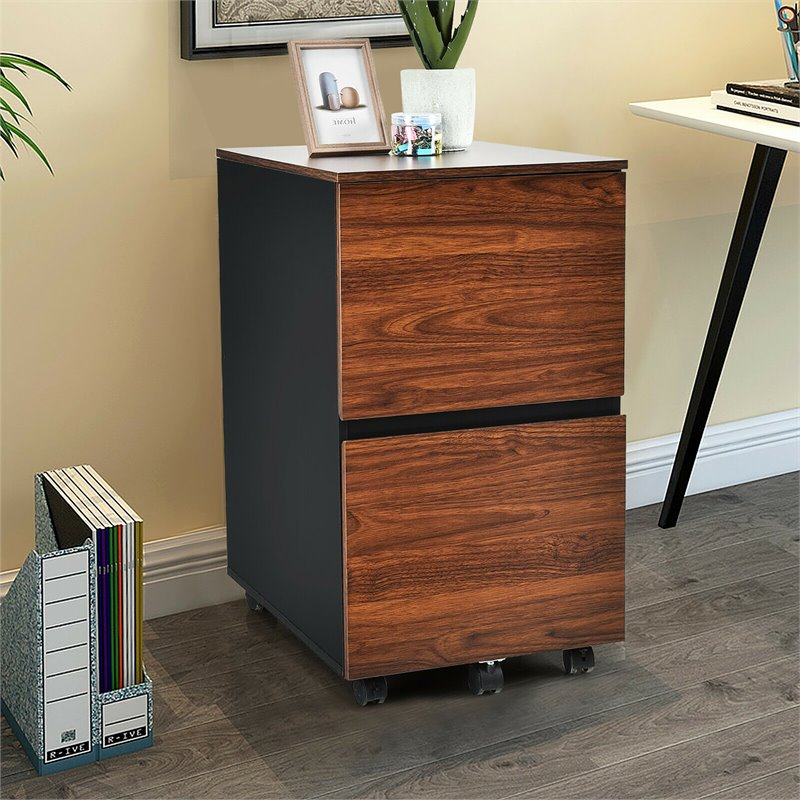 Costway 2-drawer P2 Engineered Wood Rolling Mobile Filing Cabinet in Brown