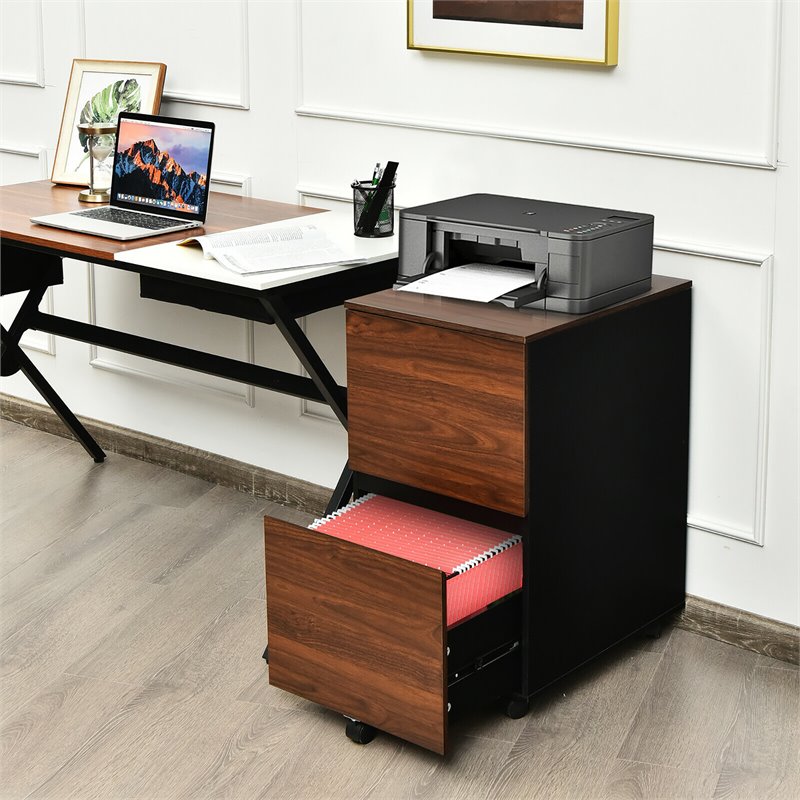Costway 2-drawer P2 Engineered Wood Rolling Mobile Filing Cabinet in Brown