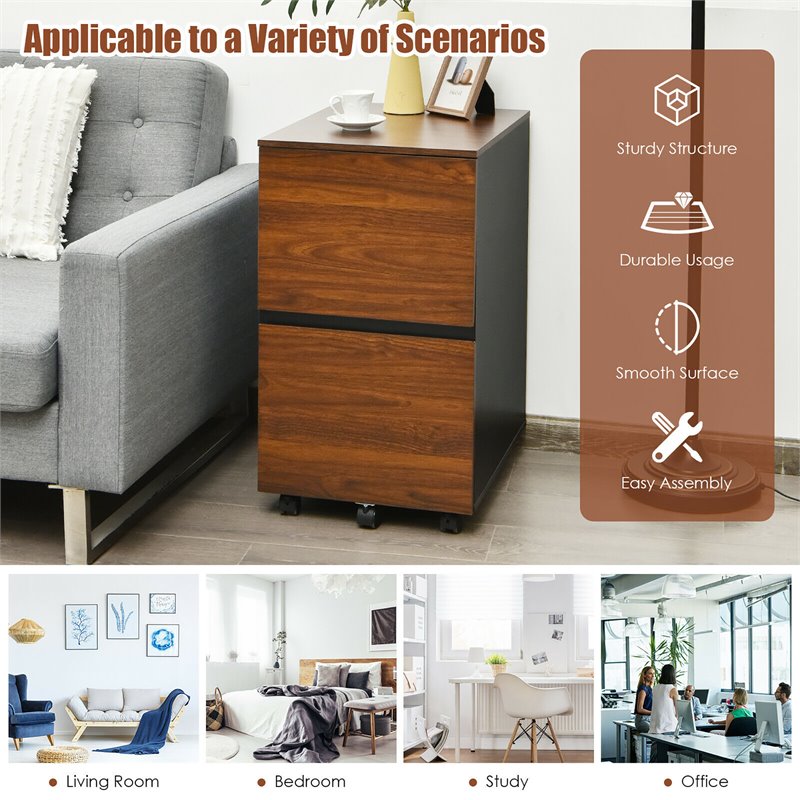 Costway 2-drawer P2 Engineered Wood Rolling Mobile Filing Cabinet in Brown