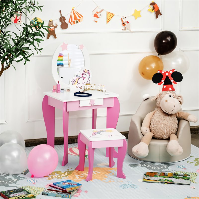 Costway Wooden Kids Vanity Makeup Dressing Table Chair Set in White/Pink