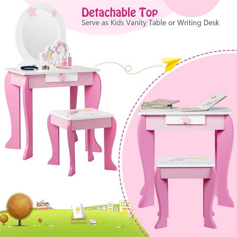 Costway Wooden Kids Vanity Makeup Dressing Table Chair Set in White/Pink