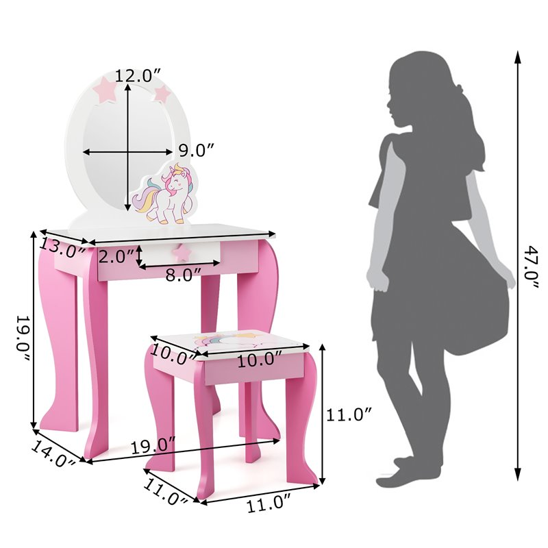 Costway Wooden Kids Vanity Makeup Dressing Table Chair Set in White/Pink