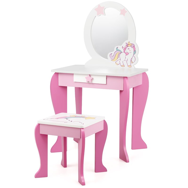 Costway Wooden Kids Vanity Makeup Dressing Table Chair Set in White/Pink