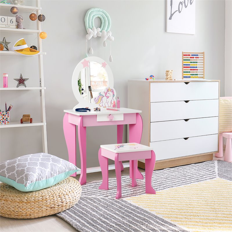 Costway Wooden Kids Vanity Makeup Dressing Table Chair Set in White/Pink