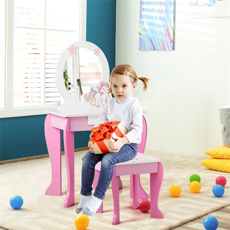 Costway Wooden Kids Vanity Makeup Dressing Table Chair Set in White/Pink