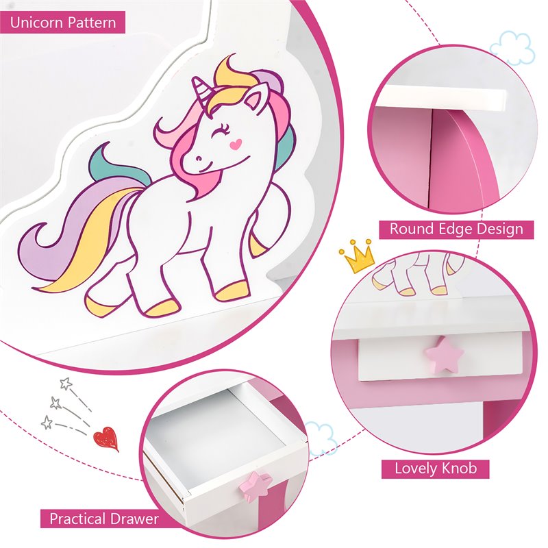 Costway Wooden Kids Vanity Makeup Dressing Table Chair Set in White/Pink