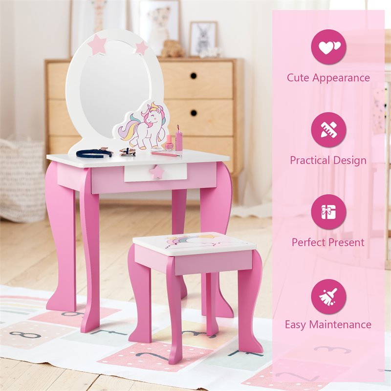 Costway Wooden Kids Vanity Makeup Dressing Table Chair Set in White/Pink