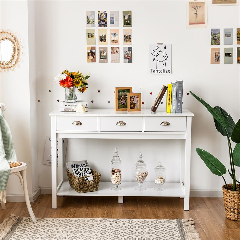 Costway Entryway Sofa Side Console Table with 3 Drawers Bottom Shelf in White