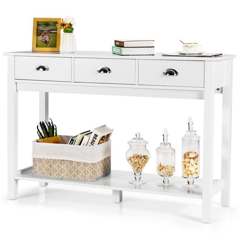 Costway Entryway Sofa Side Console Table with 3 Drawers Bottom Shelf in White