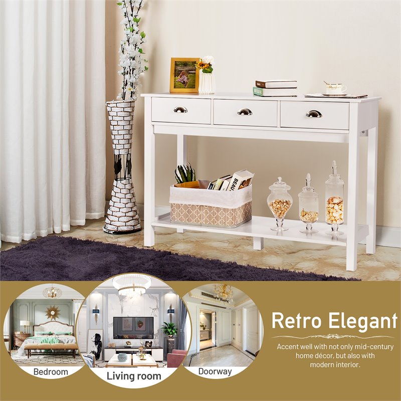 Costway Entryway Sofa Side Console Table with 3 Drawers Bottom Shelf in White