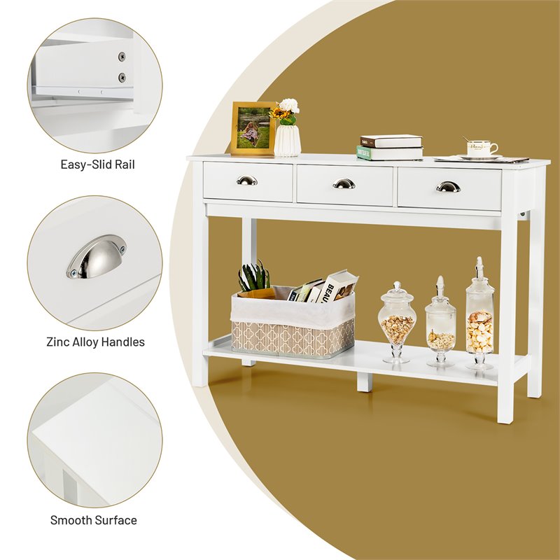 Costway Entryway Sofa Side Console Table with 3 Drawers Bottom Shelf in White