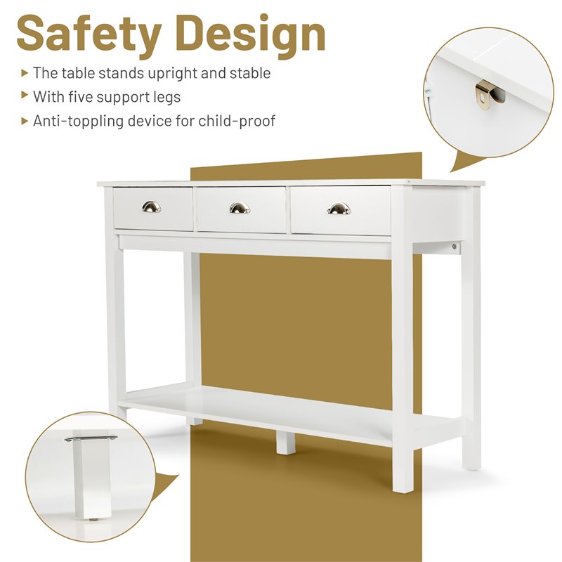 Costway Entryway Sofa Side Console Table with 3 Drawers Bottom Shelf in White